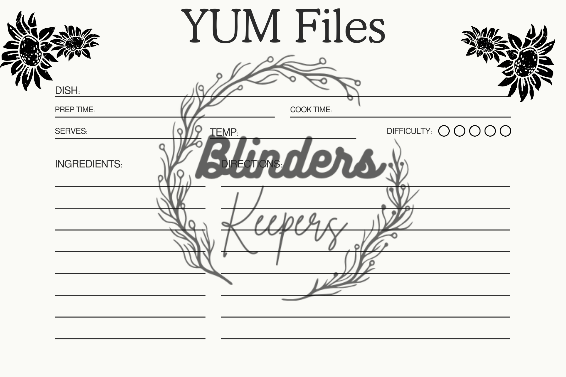 Recipe cards digital printable downloads sunflower Yum files