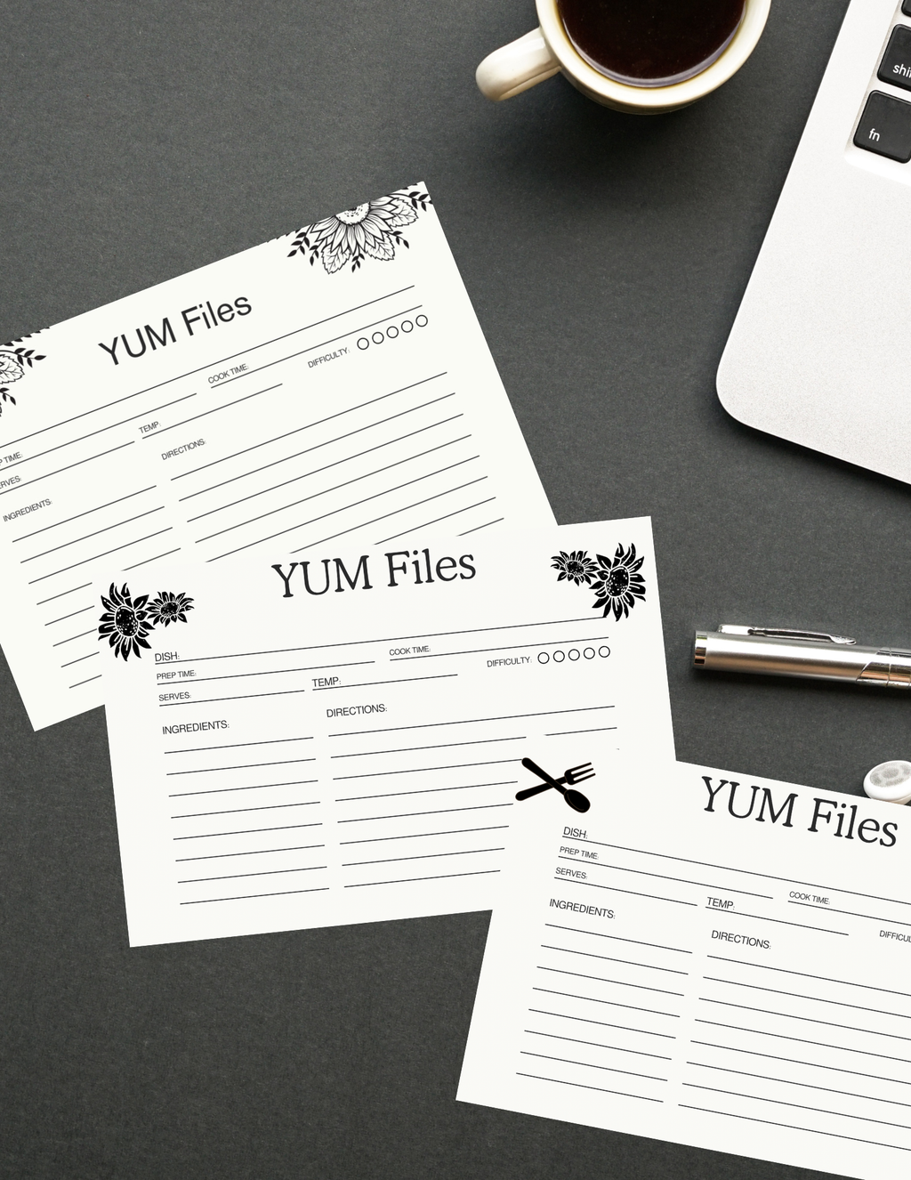 Recipe cards digital printable downloads sunflower Yum files