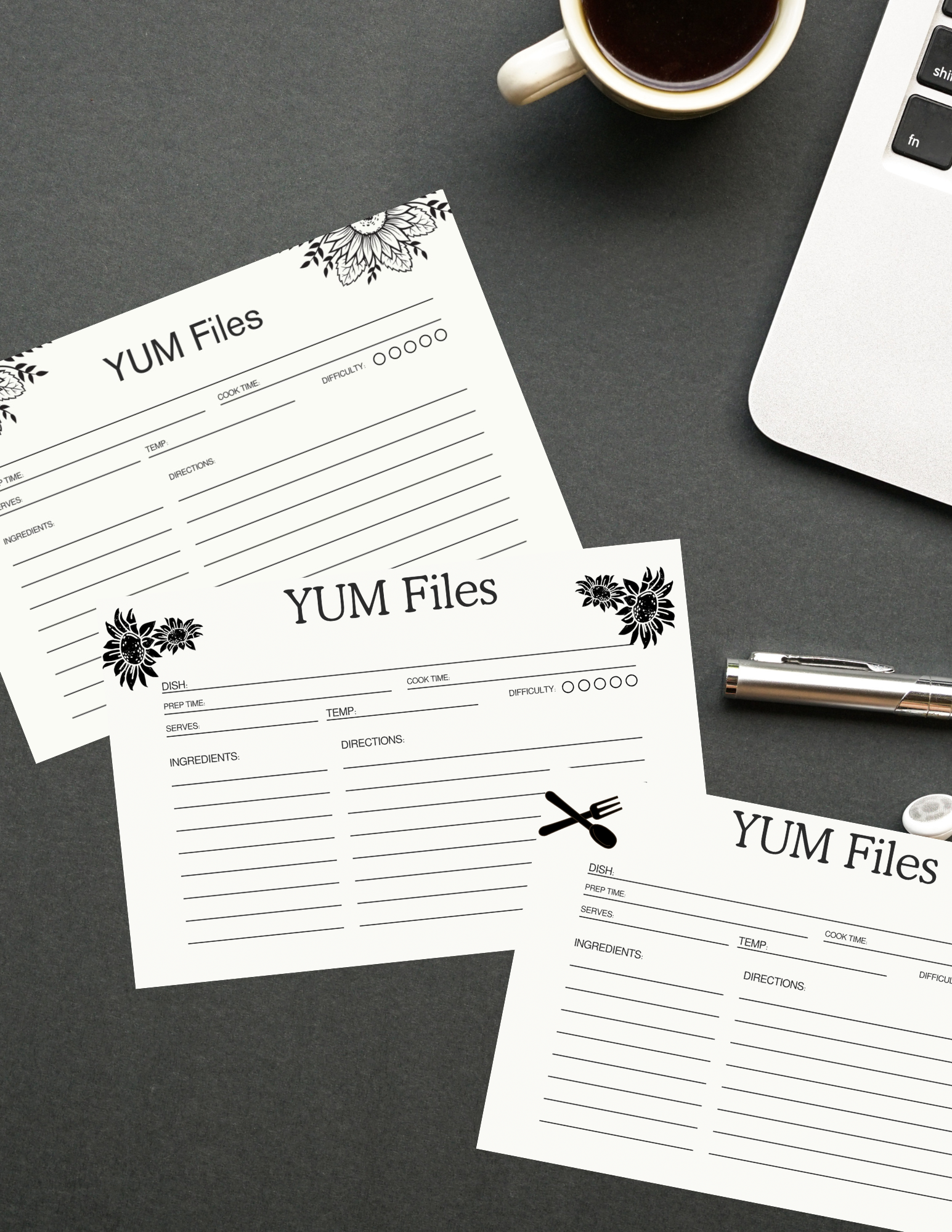 Recipe cards digital printable downloads sunflower Yum files